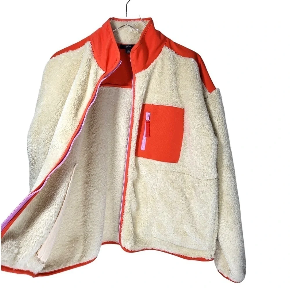 NEW J. Crew Weekend Superplush Sherpa Full-Zip Jacket in Colorblock Cream Orange - Picture 9 of 15